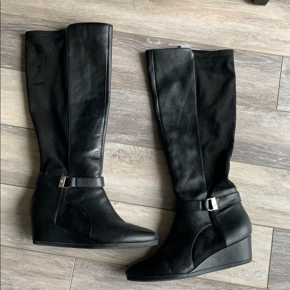 Black leather knee high wedge heel boots size 9